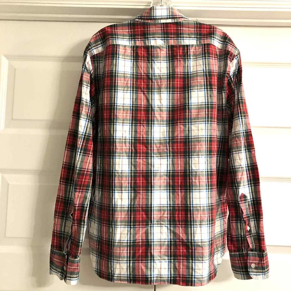 J. CREW Red Madras Plaid Slim Untucked Flex Washed Button Down Shirt L